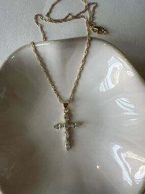 14k Gold Plated Cross Pendant Necklace with Clear Stones